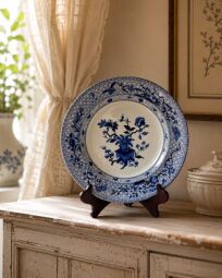 Starožitný dekoračný tanier v štýle Chinoiserie – modrobiely porcelán (1. polovica 20. storočia)🌿 (Úvodná fotografia na e-shope slúži ako naša interiérová vizualizácia pre vašu inšpiráciu. Reálny stav a autentické detaily starožitnosti nájdete na ostatný